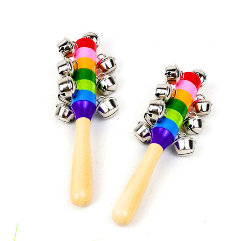 1Pcs 18cm Baby Wooden Rattle Rainbow Color Hand bell Baby Rattles Jingle bells Infant Shaker Rattle Educational Toys