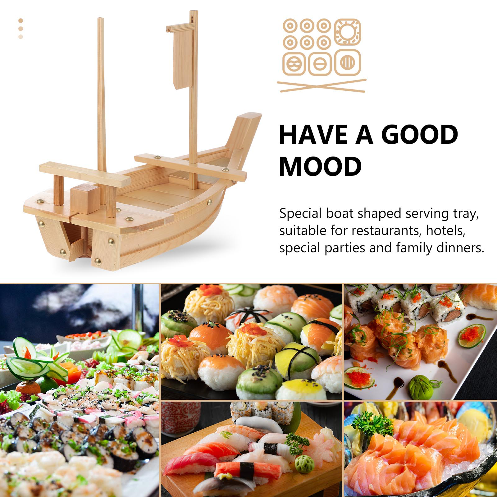 1Pc Sushi Boat Plate Sashimi Serving Plate Boat Shape Plate Wooden Tray