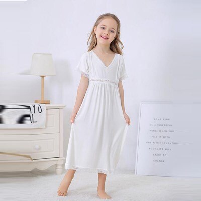 Baby Meisjes Zomer Kant Nachtjapon Meisjes Wit V Kraag Katoen Lange Nachtkleding Jurk Meisje Kleding 6 8 10 Jaar: 5