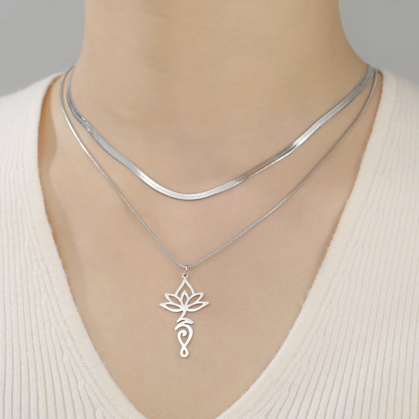 Lucktune-collar con colgante de símbolo de loto de OM Yoga Chakra para mujer Budismo de acero inoxidable Hindu Amuleto Collar de cadena de joyería