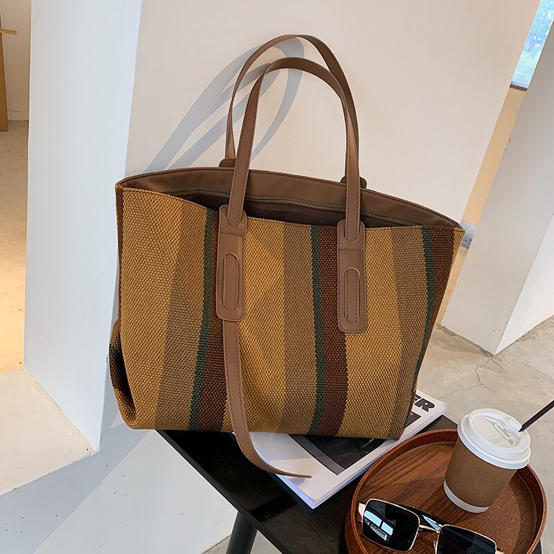 Woman Handbag Striped Canvas Large Shopper Tote: Brown