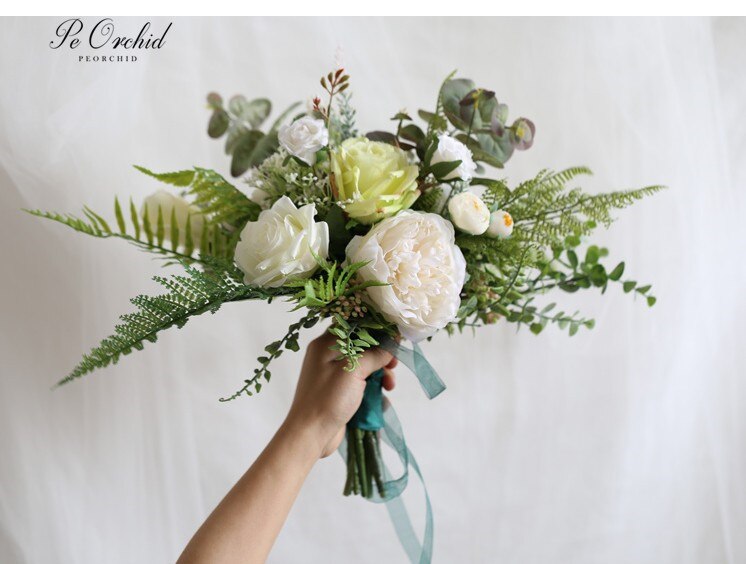 PEORCHID Boho Stijl Strand Bruiloft Bloemen Voor Bruid Boeket Kunstmatige Groene Eucalyptus Nep Boeket Bridal Decoratie