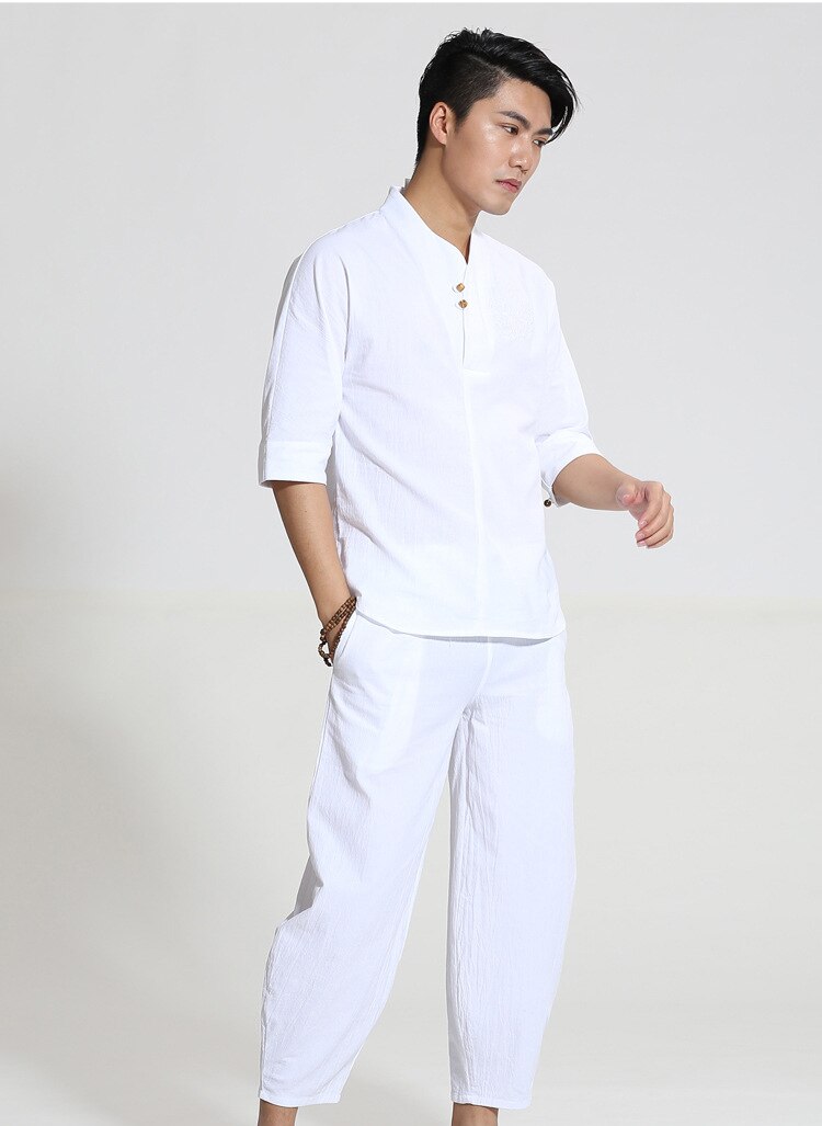 Stijl chinese mannen kungfu pak tai chi pak katoenen linnen overhemd & losse harembroek marineblauw ml xl xxl xxxl  m050: Wit / M