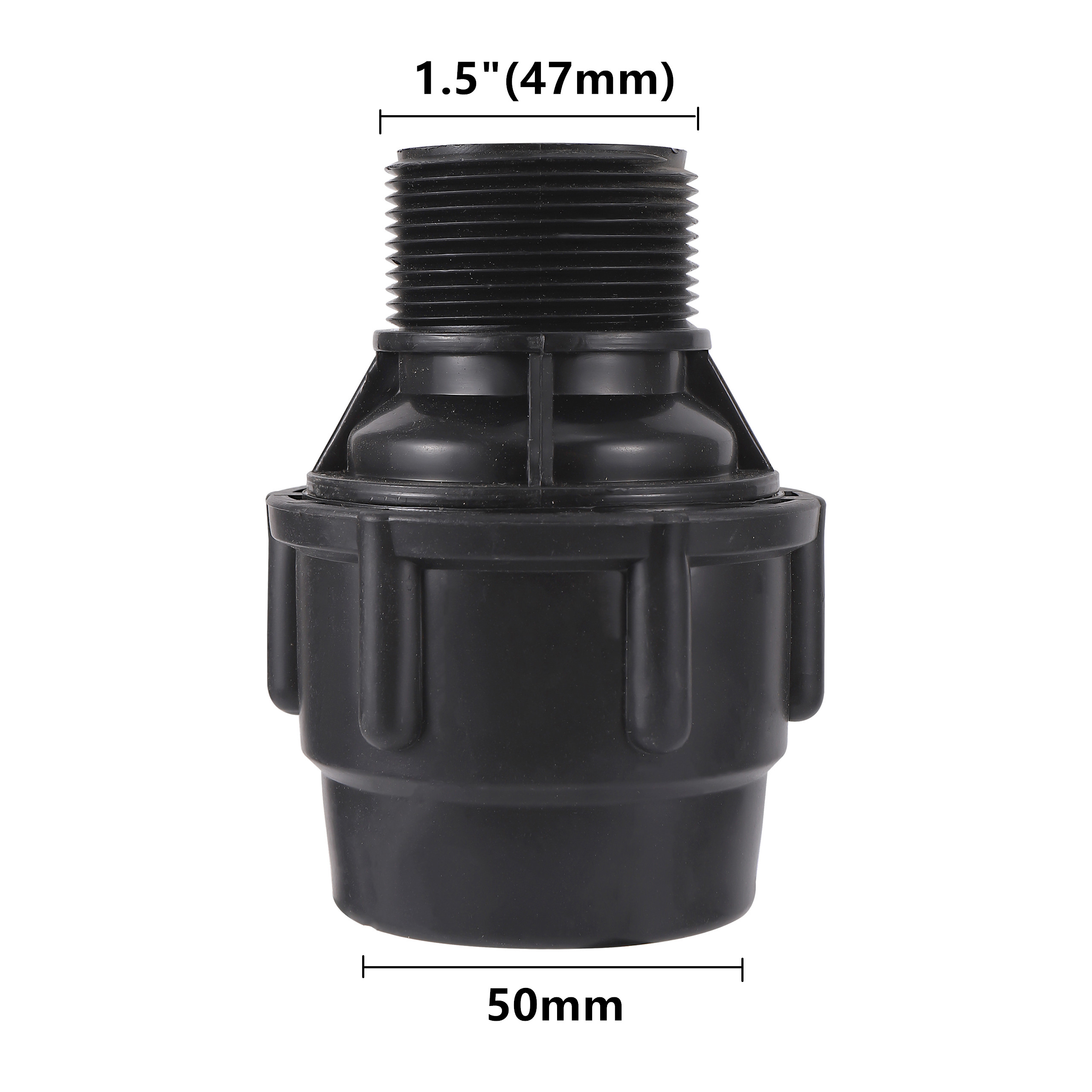 Musta pe vesiputki suora alennusliitin 20/25/32/40/50mm pe pvc putkiliittimet 1/2 &quot; 3/4 &quot; 1 &quot; 1.2 &quot; 1.5 &quot; uroskierreadapteri: 1.5 tuumaa  x 50