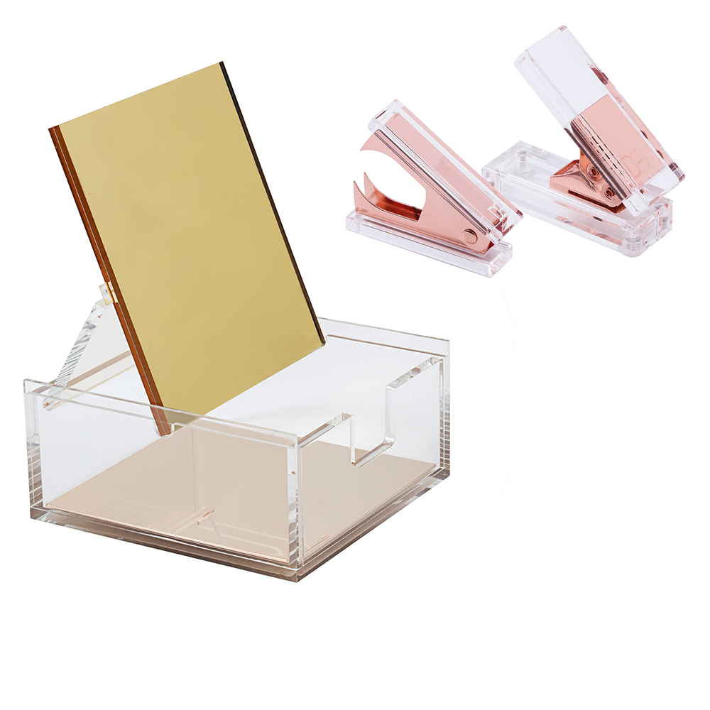 Akrylguld indbygget spejlboks + hulstik + hæftefjerner kontorpapirforsyning: Y kasse og  r 2 stk sæt