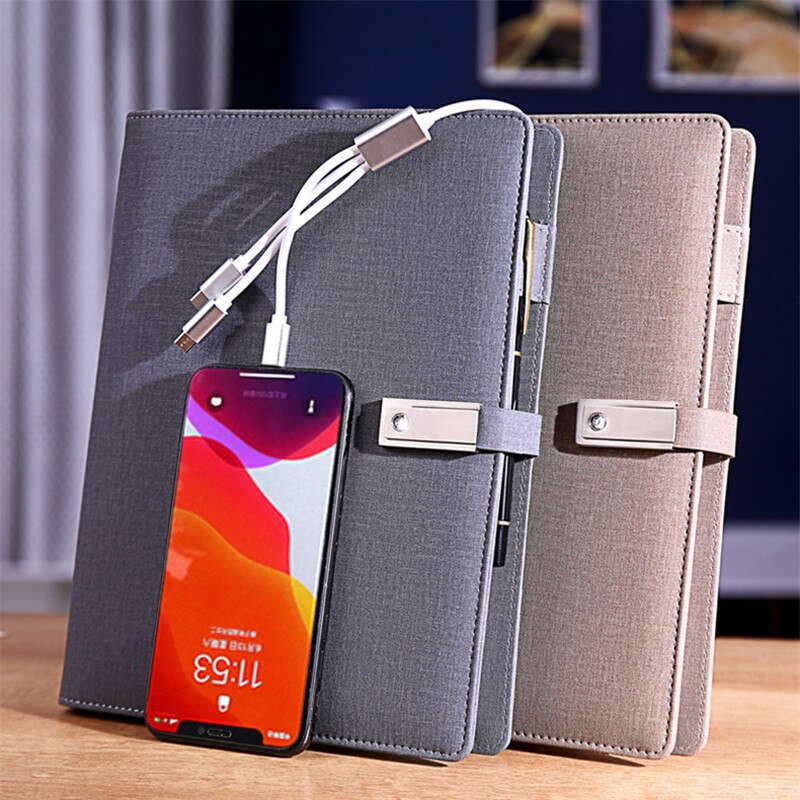 Lederen Padfolio Portfolio Notebook Organizer Binder Notepad Map 8000Mah Macht Banken 3 In 1 Opladen Kabel Draadloze Oplader