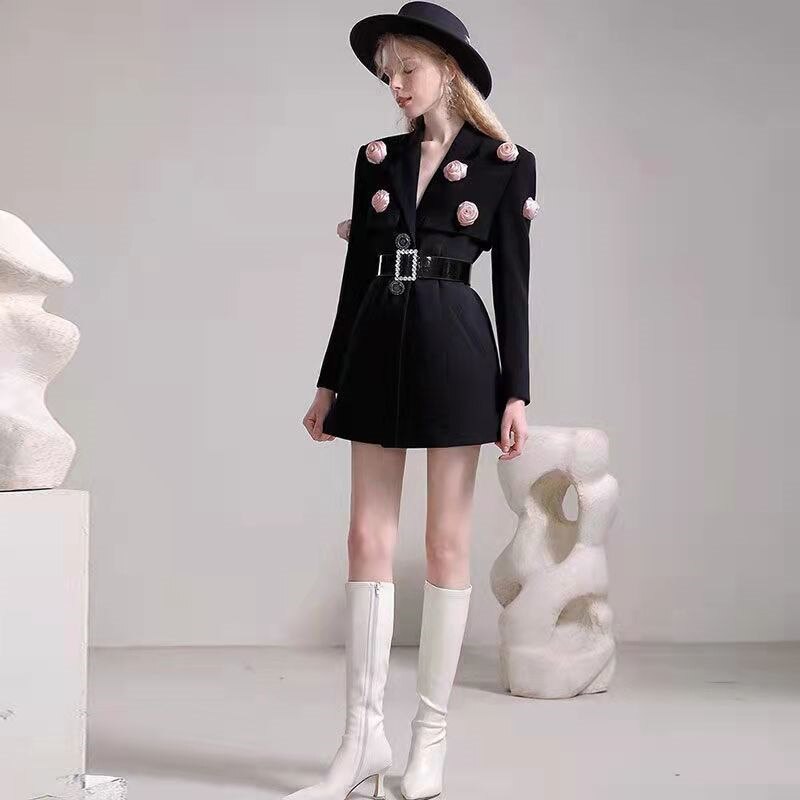 Traje de flores bordadas para mujer, prendas de vestir de , con cuello en V, de cintura alta, de un solo pecho, abrigos de oficina, color negro