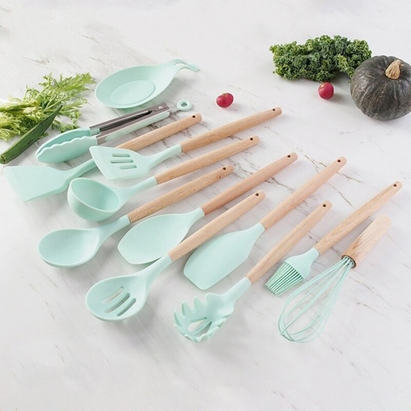 Kitchen Tools Natural Acacia Wood Silicone Cookware Utensil Set Cozinha Spatula Soup Pasta Mestoli Silicone Kitchen Accessories