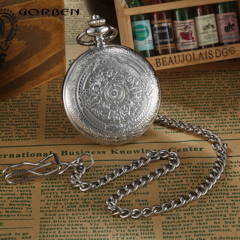 Retro Gobren Romeinse Cijfers Verzilverd Carving Zakhorloge Mode Klassieke Heren Analoge Quartz Horloge Fob Ketting Met Doos