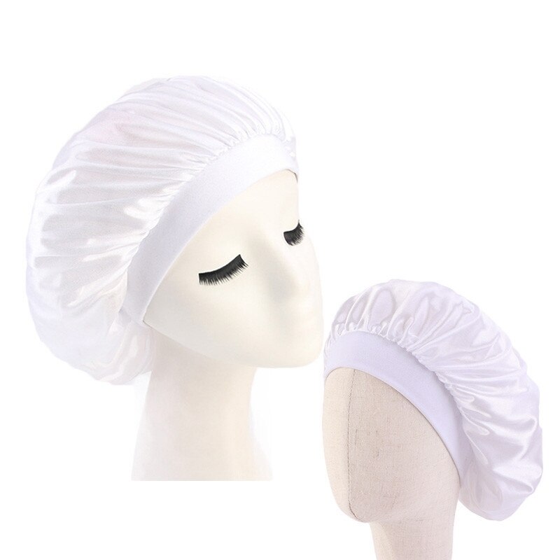 Hårpleiehette foreldre-barn elastisk polyester bred kant nattsøvn lue silke kuppel familie for panser sateng damer: Hvit
