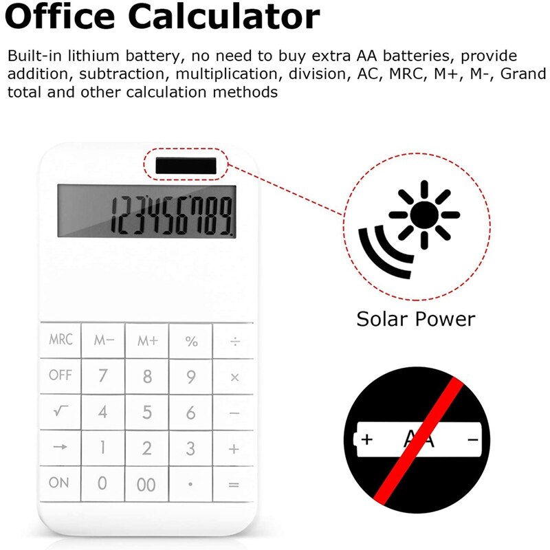 Calculator Slim, Dual Powered Desktop Calculator,Solar Power,12 Digits LCD Display,Electric Digital Calculator White