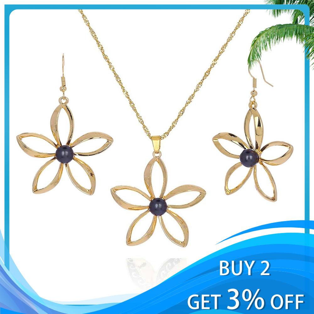 Women Plumeria Flower Necklaces Set Polynesian Hawaiian Samoa Marshall Style Pearl Jewelery Sets Necklace with Earrings