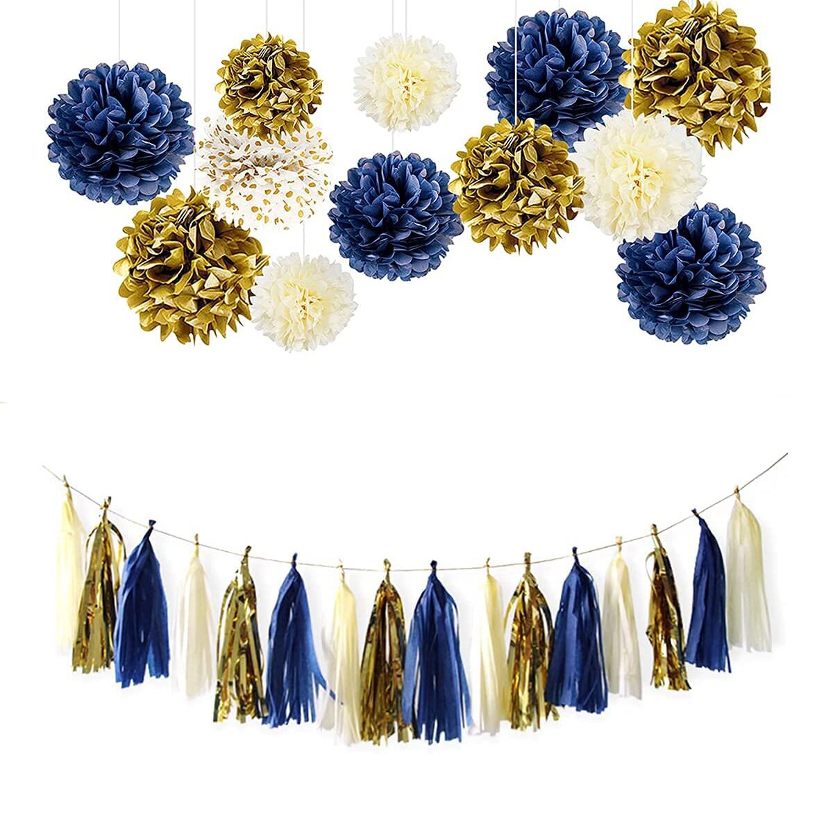 12 PCS Navy Blue Ivory Gold Tissue Paper Pom Poms Flower for Bridal Shower Wedding Boy Birthday Bachelorette Nursery Decorations