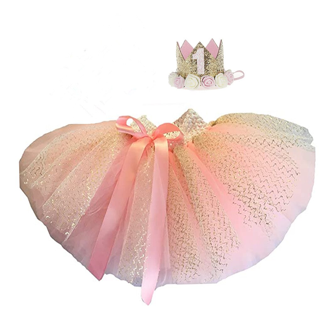 Baby Goud Roze Tutu Rok En Gouden Kroon Hoofdband Set Voor Eerste Verjaardag Outfit