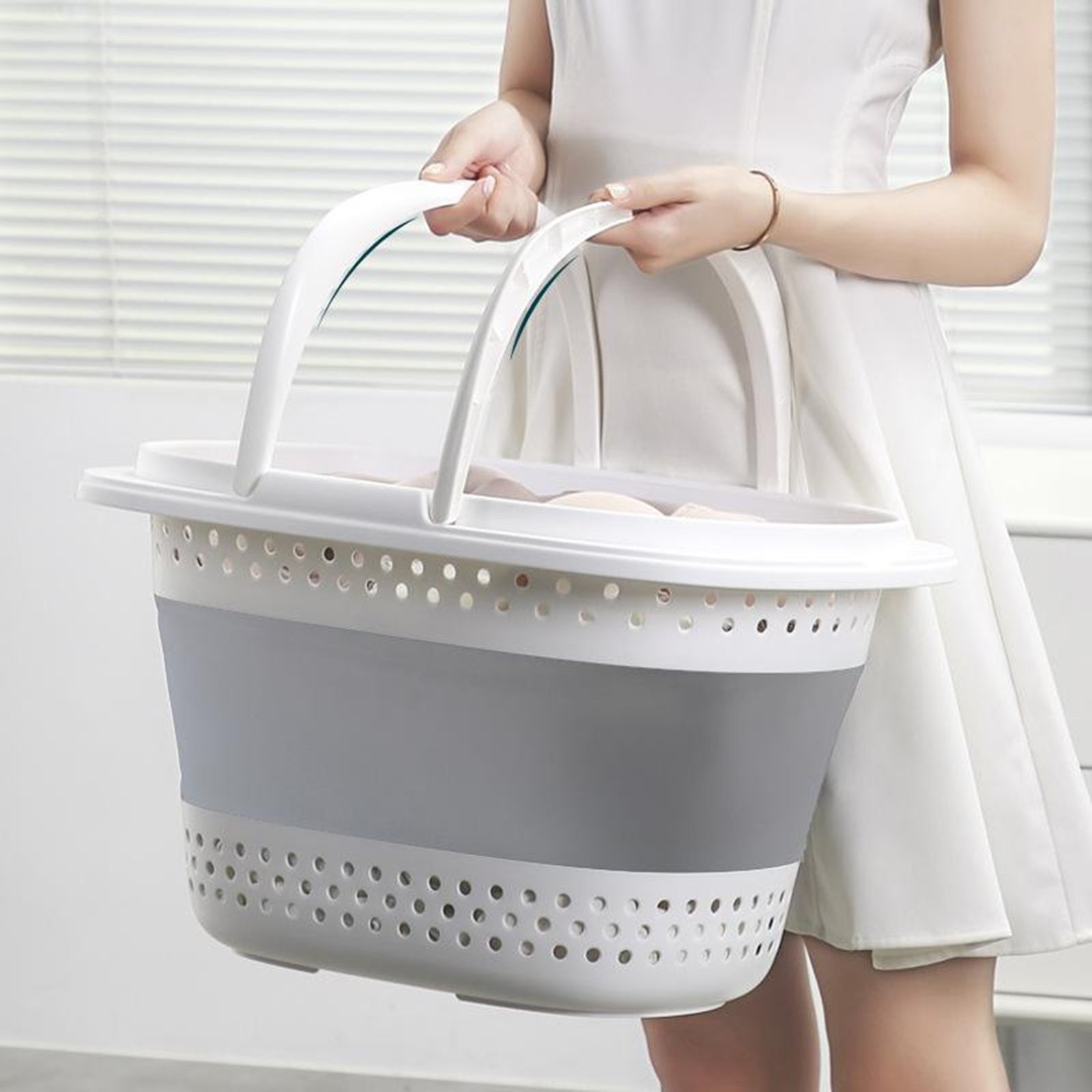Collapsible Handled Plastic Laundry Basket-Foldable Up Storage Container-Space Saving Basket