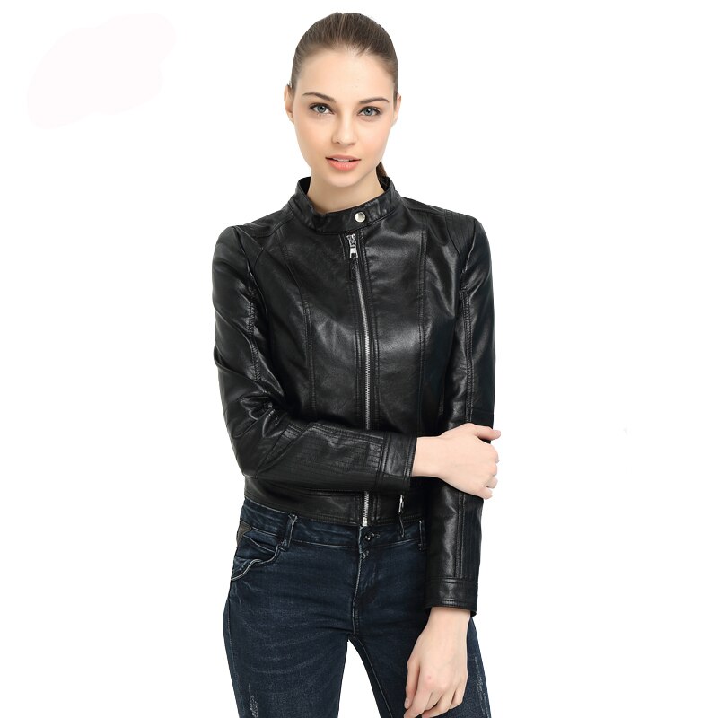 Fitaylor Women Faux Leather Jacket Biker Coat Spring Autumn Black Zippers Outwear O Neck Slim Motorcycle Pu Leather Jackets