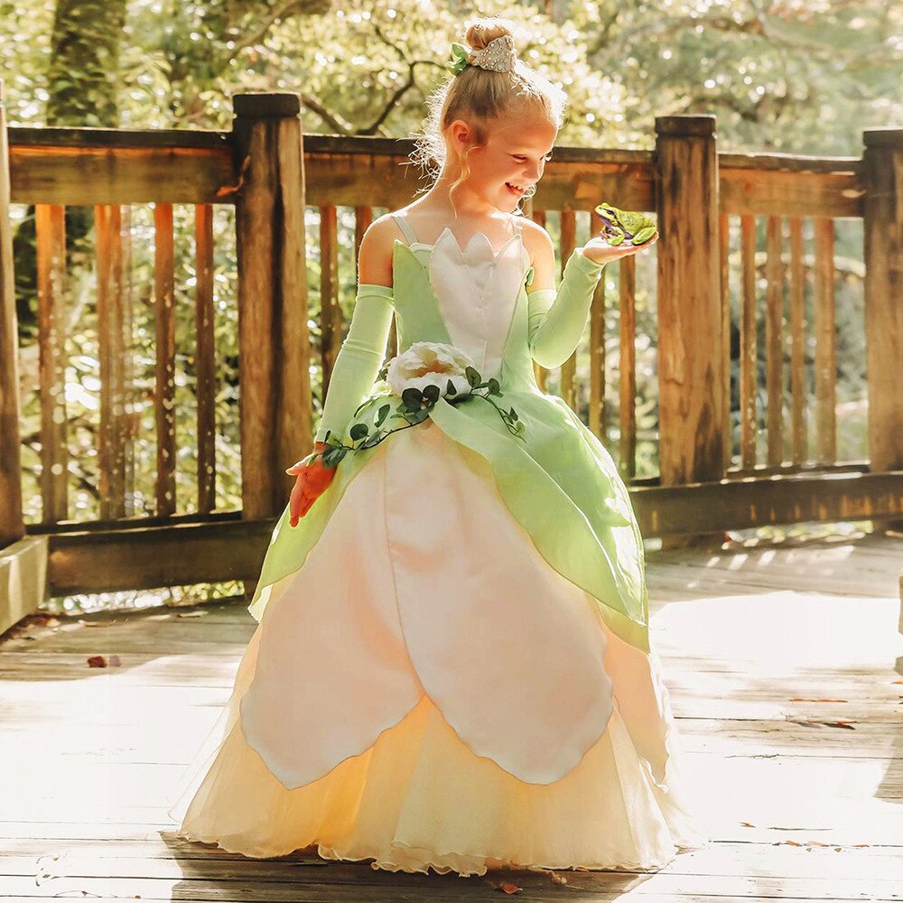 Costume princesse et la grenouille pour filles, robe Tiana de carnaval, robes de jeu de rôle