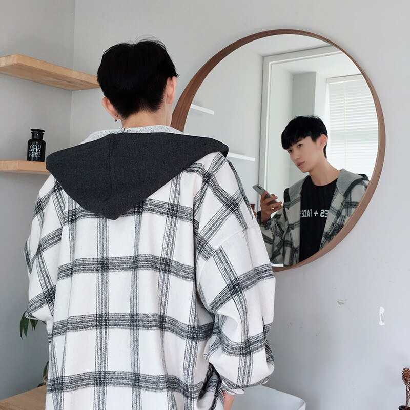 Overshirt herr höst ledig lös långärmad huva yllejacka kläder streetwear manlig rutig skjorta ytterkläder man