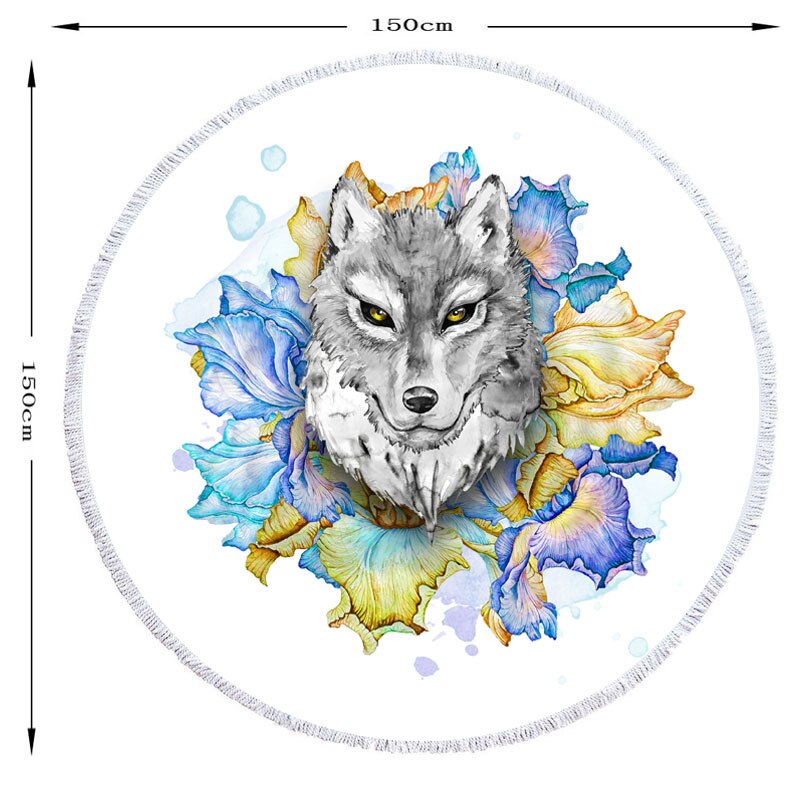 Loup coloré imprimé rond serviettes de plage pour les femmes 150cm glands pique-nique couverture microfibre grande serviette de bain pour adultes: Default Title