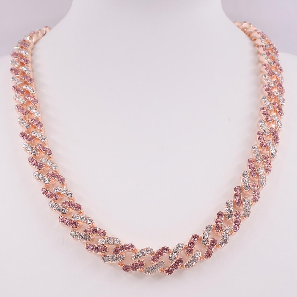 USA designs women's rose gold silver color pink crystal iced out cuban chain hip hop necklace punk 12mm miami link bling rapper: RoseGoldPinkWhite / 16inch