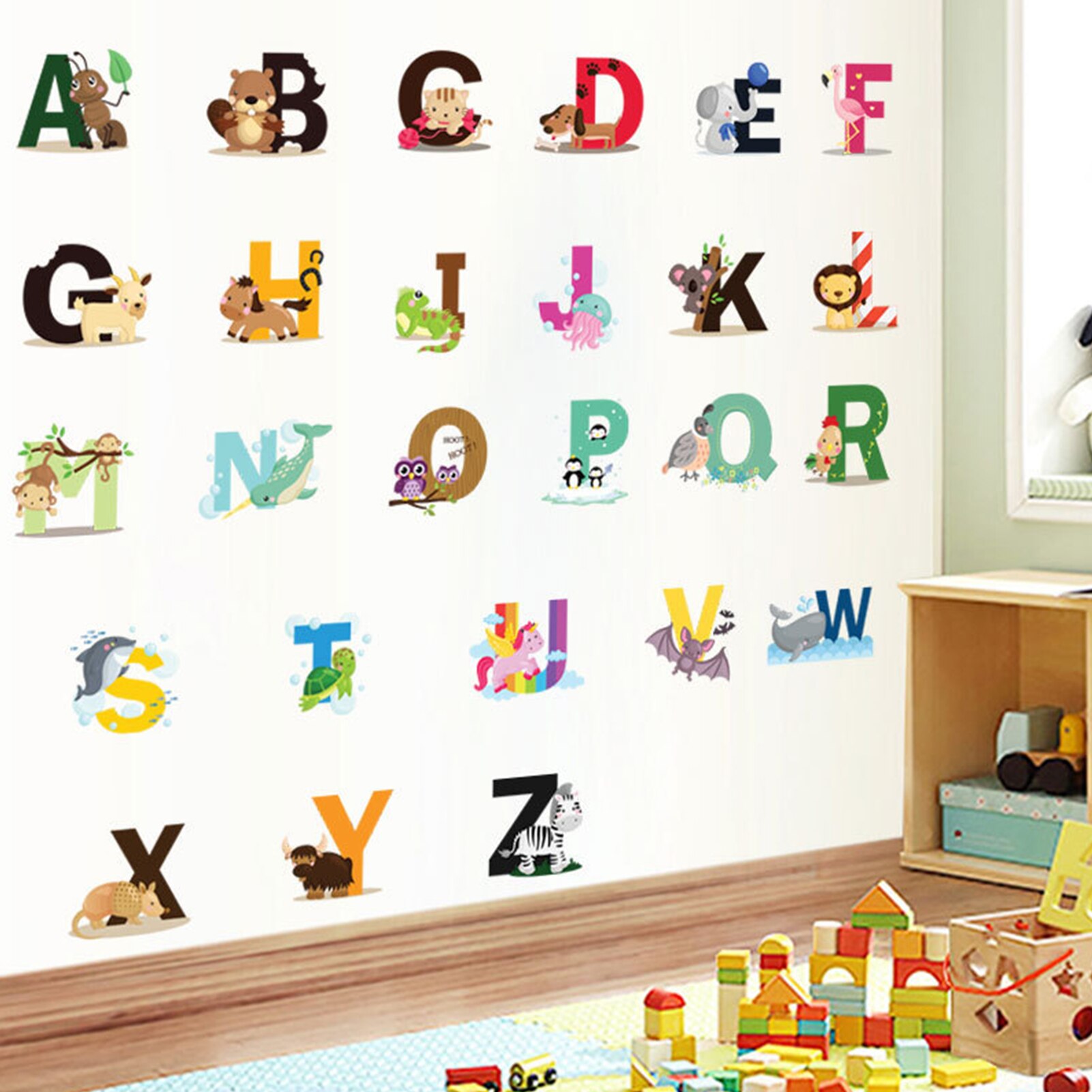 Alphabet Shaped Wall Decals DIY Letter Theme Kids Room Wall Stickers Removable Wall Art Decor Kindergarten Nursery Decoration