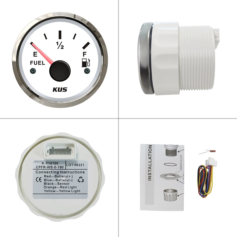 KUS 52mm Universal Fuel Level Meter 0-190ohm 240-33ohm with Backlight 9-32V Fuel Sensor 150mm 175mm 200mm 225m 850mm 900mm