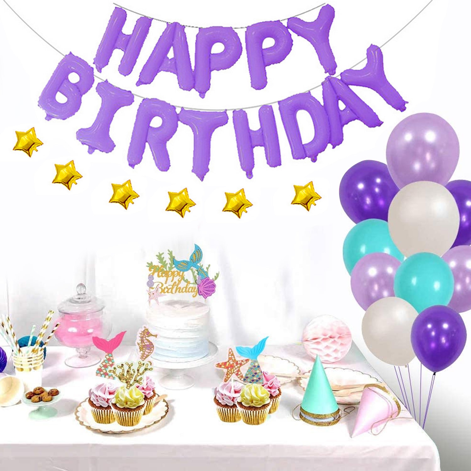 49pcs Birthday Party Decorations Set with Happy Birthday Banner Mermaid Star Foil Balloons Tassels for Girls Children