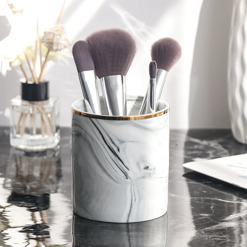 Nordic Stijl Marmeren Opslagtank Keramische Jar Cosmetische Borstel Pen Houder Mes Vork Opslag Holder Home Office Keuken Organizer: Round - Grey