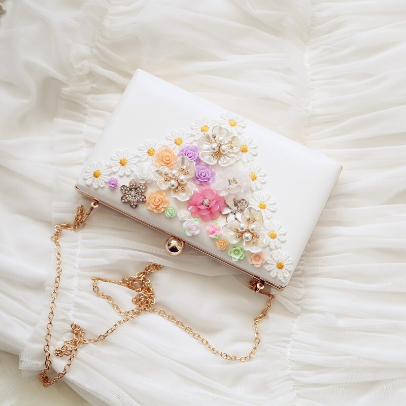 Pochettes de soirée à rabat pour femmes, , printemps-été, chaîne fleurs, pochettes blanches pour dîner de mariage