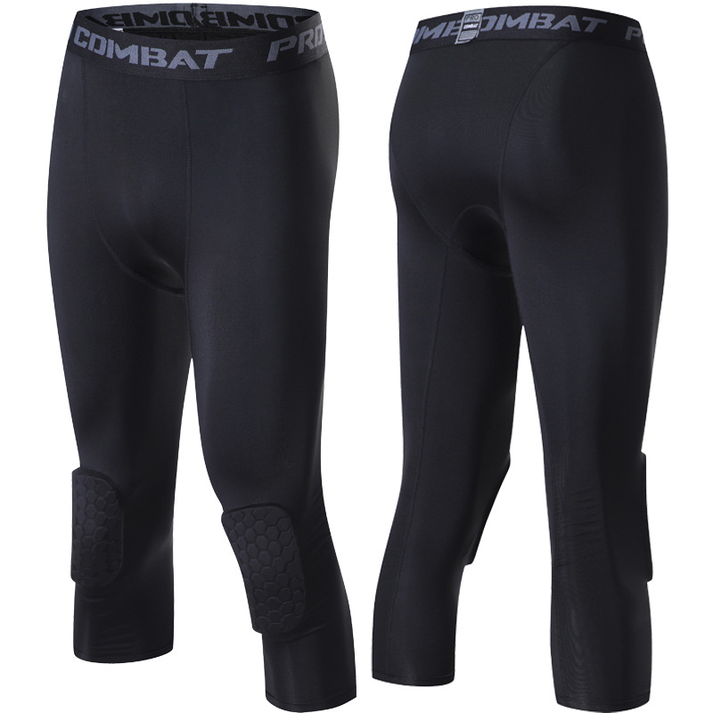 Sportsbukser med knæbeskyttere, 3/4 kompressionsleggings, sorte tights, herre-drenge-ungdomsbukser, fodbold, hurtigttørrende træningsleggings: 6xl / Sort