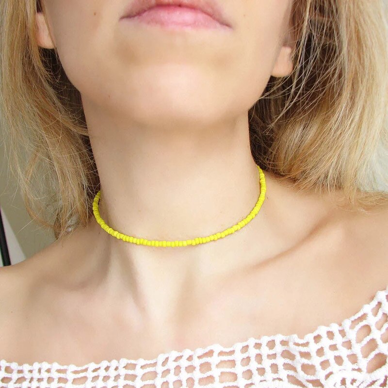 Boho Kralen Choker Dainty Multicolor Glas Zaad Kraal Bohemian Vrouwen Strand Chokers Kettingen Strand Sieraden Choker Kettingen: Yellow