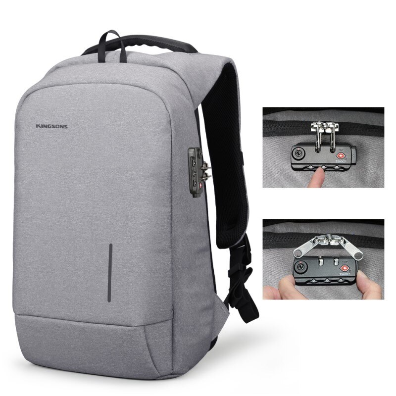 Kingsons ankomster 13 15.6 tommer mænd laptop rygsæk stor kapacitet rygsæk afslappet stil taske vandafvisende rygsæk tasker: Lys grå lås / 15 inches