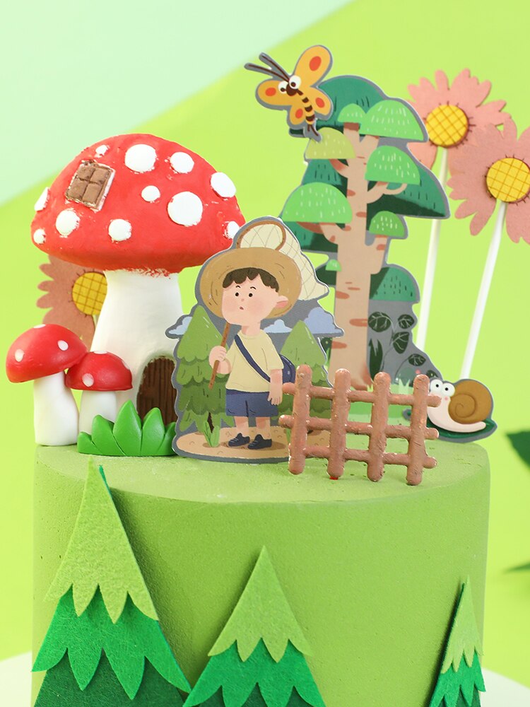 Boom Paddestoel Huis Bos Cake Toppers Voor Kid &#39;S Verjaardag Decoratie Jongen Vlinder Bloem Cupcake Toppers Verjaardag Broodjes