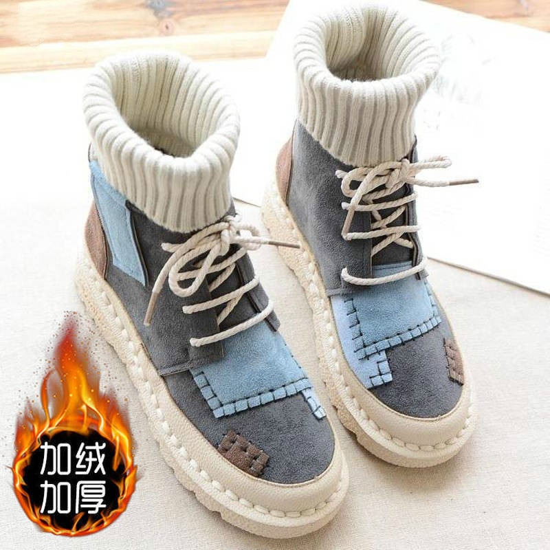 Efterår og vinter eksplosioner ruskind lærred farvematchende vilde high-top uld mundstøvler dame sko 3 farver dame støvler