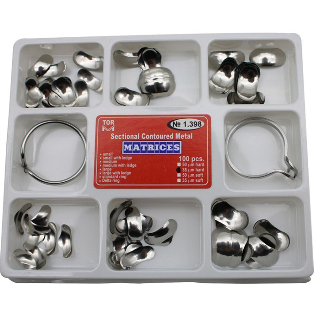 Matrice dentaire, 100 pièces, No.1.398 Matrices métalliques profilées sectionnelles + 2 anneaux, kit complet d'équipement de laboratoire dentaire