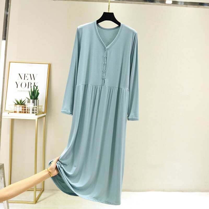 Large early autumn long sleeve button modal cotton loose home dress: sky blue