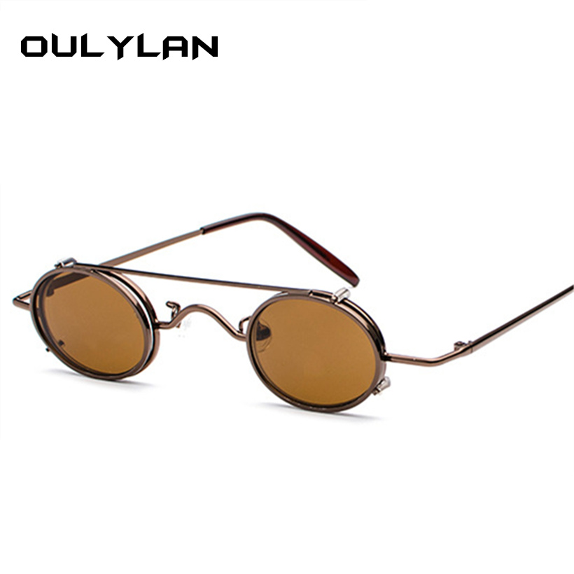 Oulylan kleine ronde steampunk zonnebril voor heren, retro vintage metal punk clip-on zonnebril voor heren, kleine ovale bril  uv400