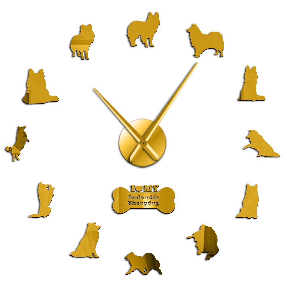 Grande horloge murale 3D suspendue en acrylique, grand décor scandinave de mouton, Surface de miroir, bricolage, Portrait de chiot pour amoureux des chiens, muet: Gold / 37inch