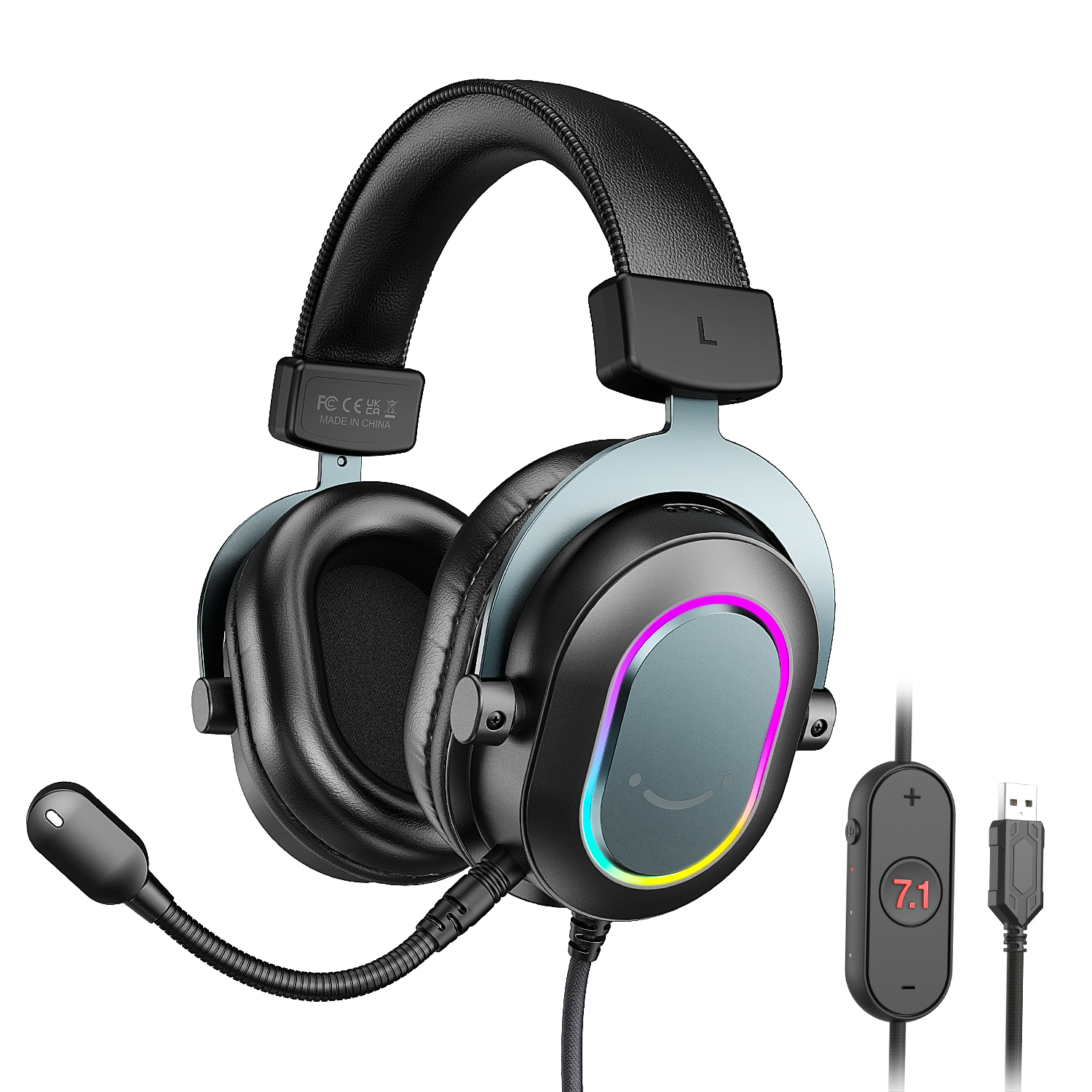 Zestaw słuchawkowy FIFINE USB do gier z dźwiękiem przestrzennym 7.1/kontrolą linii/trybem 3EQ, słuchawki RGB z mikrofonem, Plug and Play, do komputera/PS5 -H6: Black