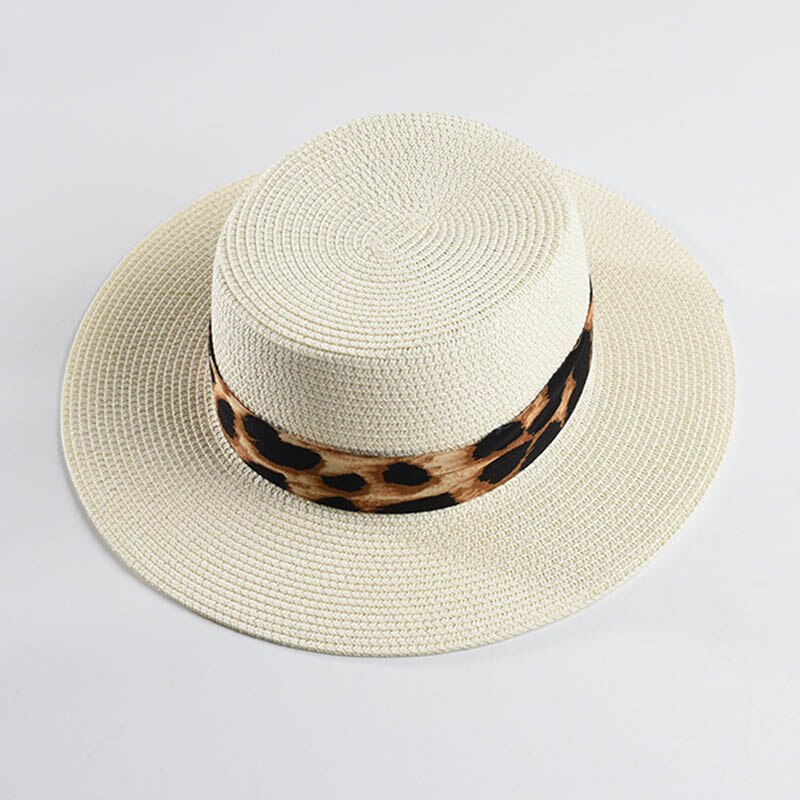 Unisex Papier Stro Hoed Brede Rand Schipper Hoeden Luipaard Lint Zonnehoed Voor Vrouwen Man Zomer Strand Hoed Kentucky Derby cap Panama Hoed: Ivoor