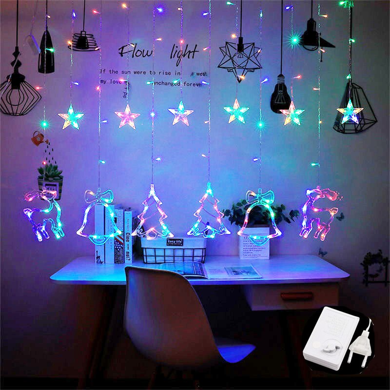 Cortina de luces LED con forma de ciervo, Estrella y Luna, guirnalda de luces de colores para Navidad, decoración de Año , para exteriores, hogar, boda, , 220V