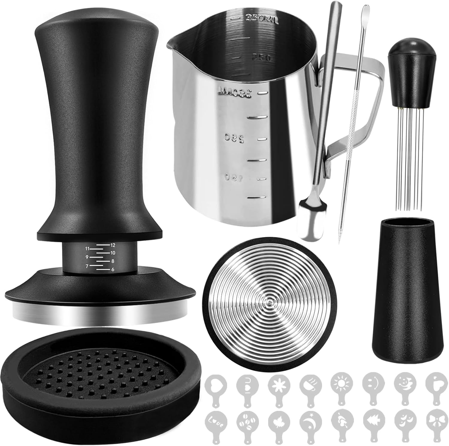 22 stk. espressotilbehørssett, 51/58mm barista-sett med wdt-verktøy, melkeskummer, lattekunstpenn, kafferører, tampermatte