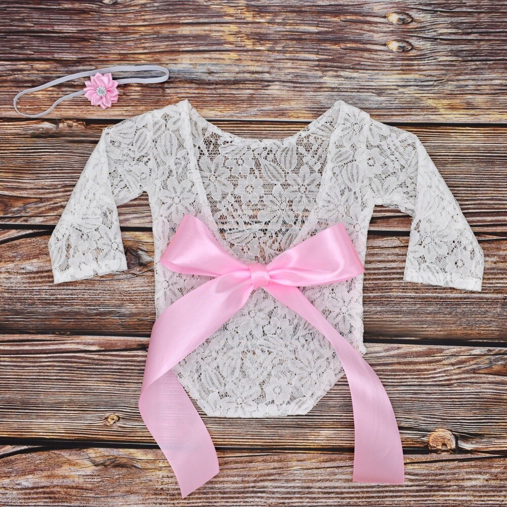Baby Born Photography Props cap Embroidery Lace Baby Romper Jumpsuit Newborn Photo Shoot Accessories Girl Costumes: Pink