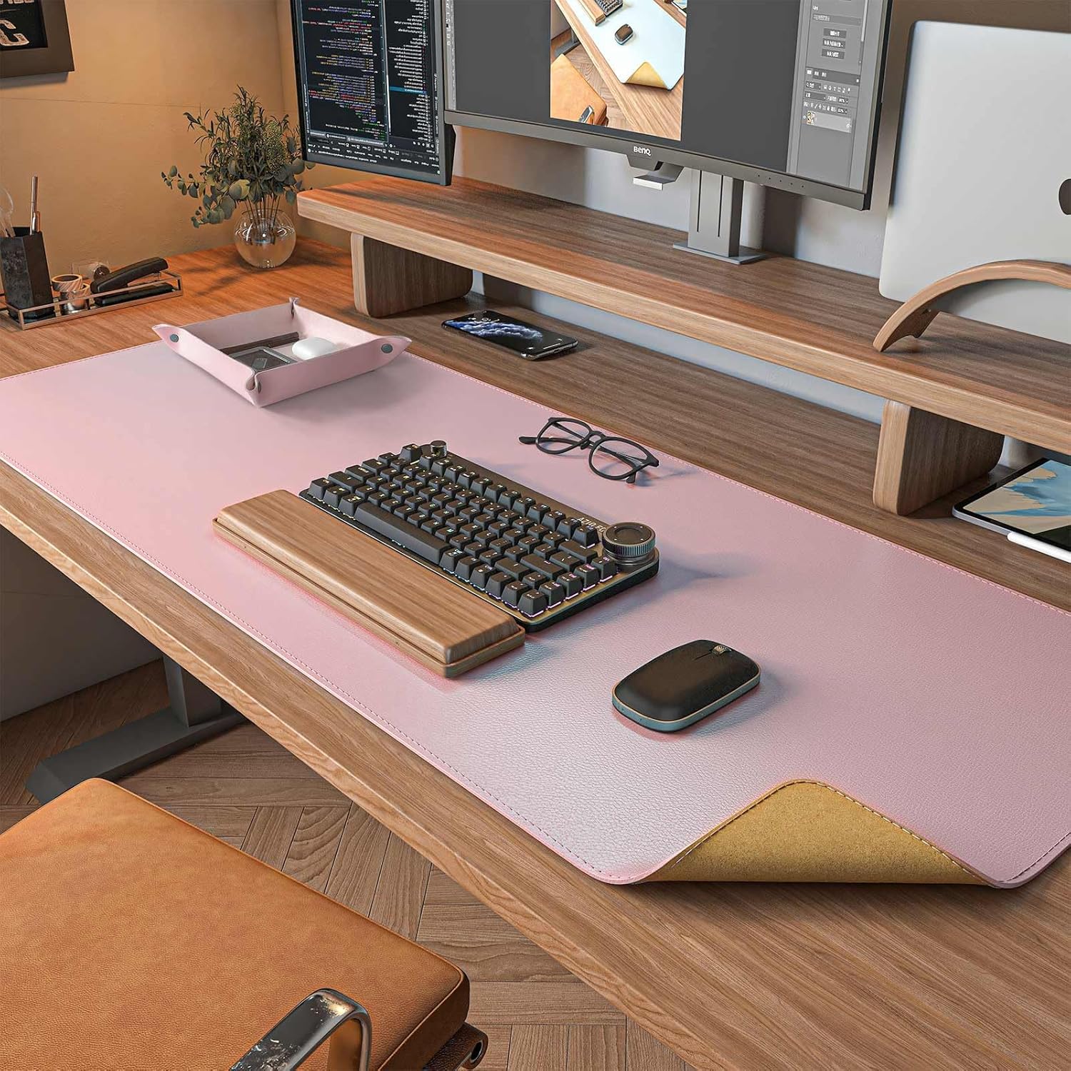 Dual Sided Desk Mat,Leather Desk Pad,Black Cork Desk Mat Protector,Large Mouse Pad,Desk Writing Pad for Office and Home: 90x45 cm / Pink