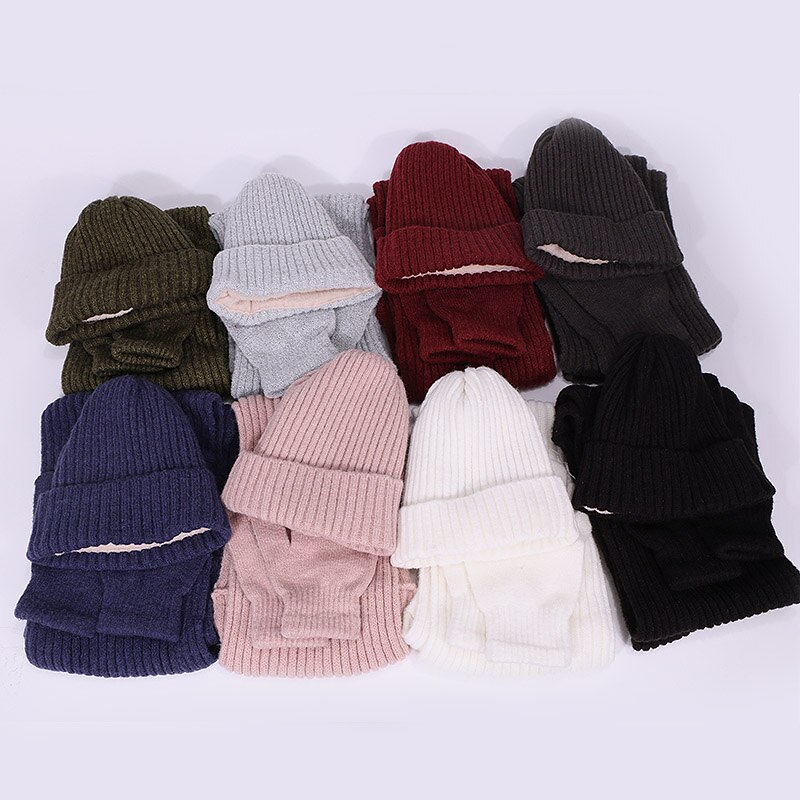 Set van 3 stuks skullies muts, sjaal en handschoenen voor mannen en vrouwen, winter, buiten, warme dikke mutsen, muts met voering, ring, sjaals, handschoenen met lange vingers, zachte hals, bivakmuts, muts, muts