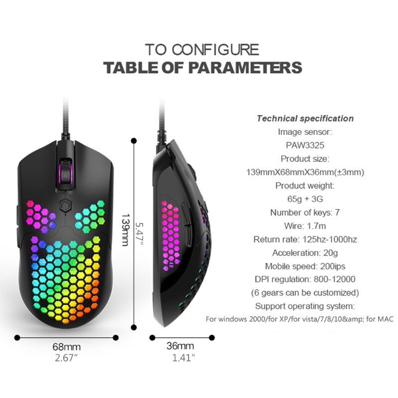 M5 Hollow-out Honeycomb Shell Gaming Mouse Colorful RGB Backlit Light Wired Mice with 7 Buttons