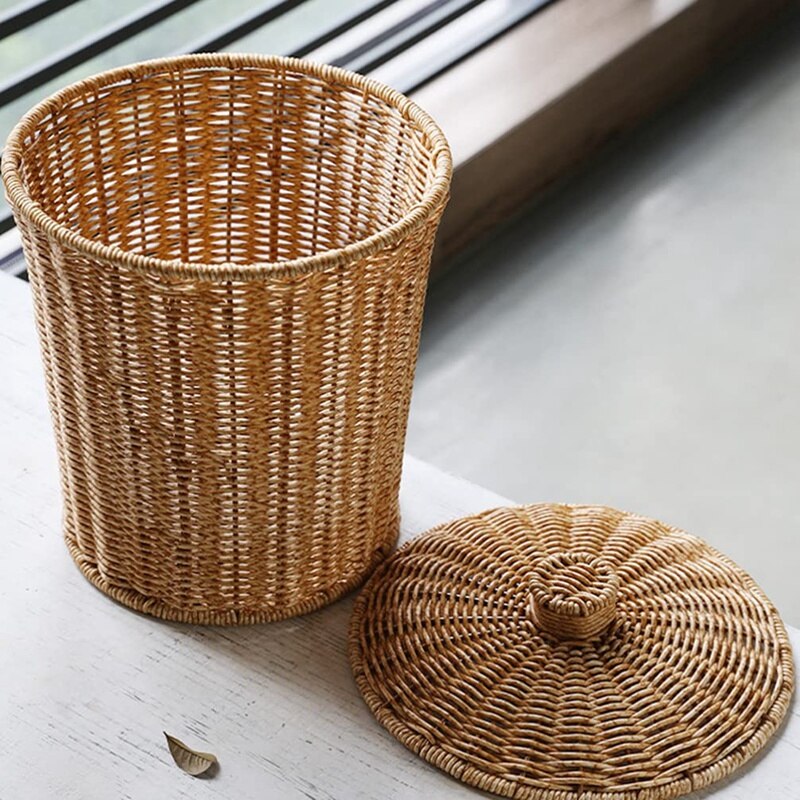 Woven Basket Trash Can Round Rattan Waste Basket With Lid Planter Woven Storage Baskets Wicker Wastebasket Garbage Bin