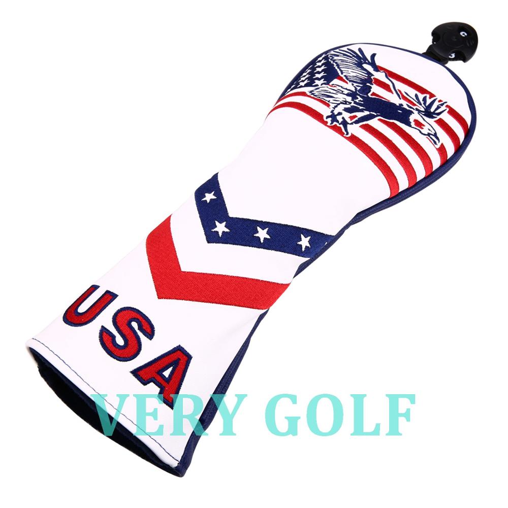 1pc clube de golfe fairway madeira cabeça capa de couro do plutônio com eua estrelas & tiras e águia bordado fw headcover sem tag 3 5 7 x