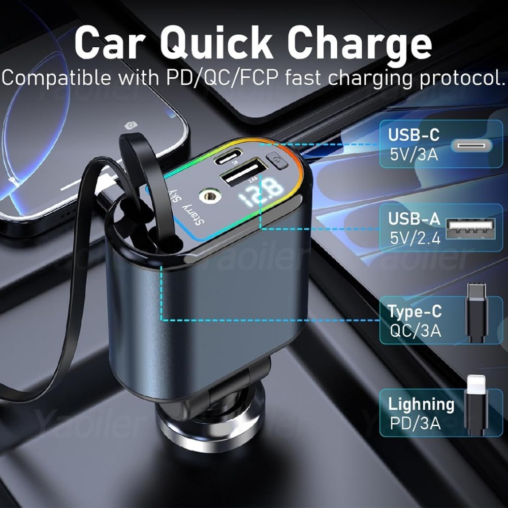 Adaptador de cargador de coche retráctil mejorado de 120W con Starlight, cargador de coche USB de carga rápida 4 en 1 con 2 puertos USB accesorios para coche