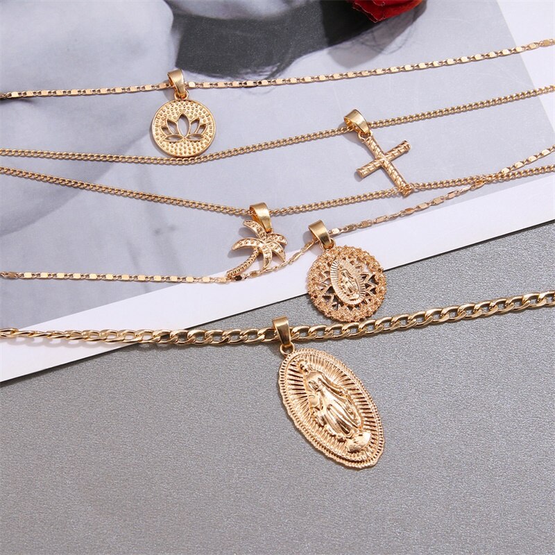 Bohemian Multi-layer Pendant Necklace for Women Vintage Coco Cross Lotus Virgin Mary Collar Choker Bead Chain Jewelry